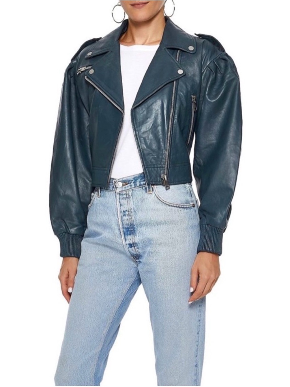 Walter Baker Cropped Teal Leather Moto Jacket - Women